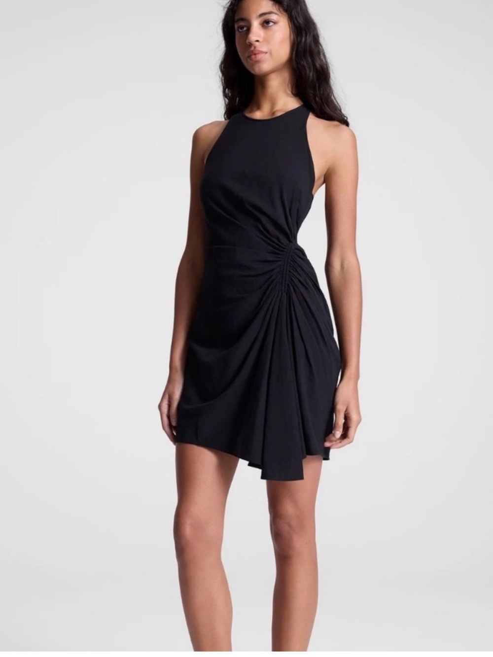A.L.C. Women’s 8 Rue Mini Dress Linen Blend Ruched Bodice High Neck Deep Black